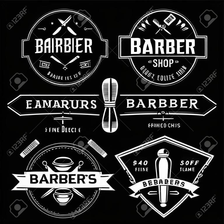 Barber Shop Retro Emblems en estilo art deco. Conjunto de plantillas de logotipo de peluquero con estilo. Arte vectorial monocromo blanco aislado en negro.