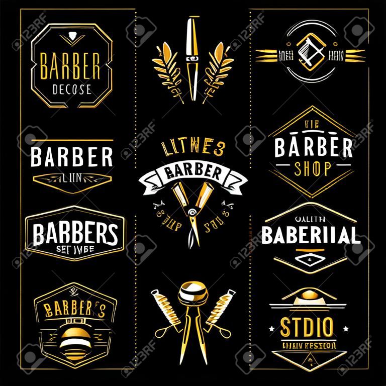 Barber Shop Retro Emblems in art deco style. Set of stylish barber logo templates. Gold color vector art isolated on black.
