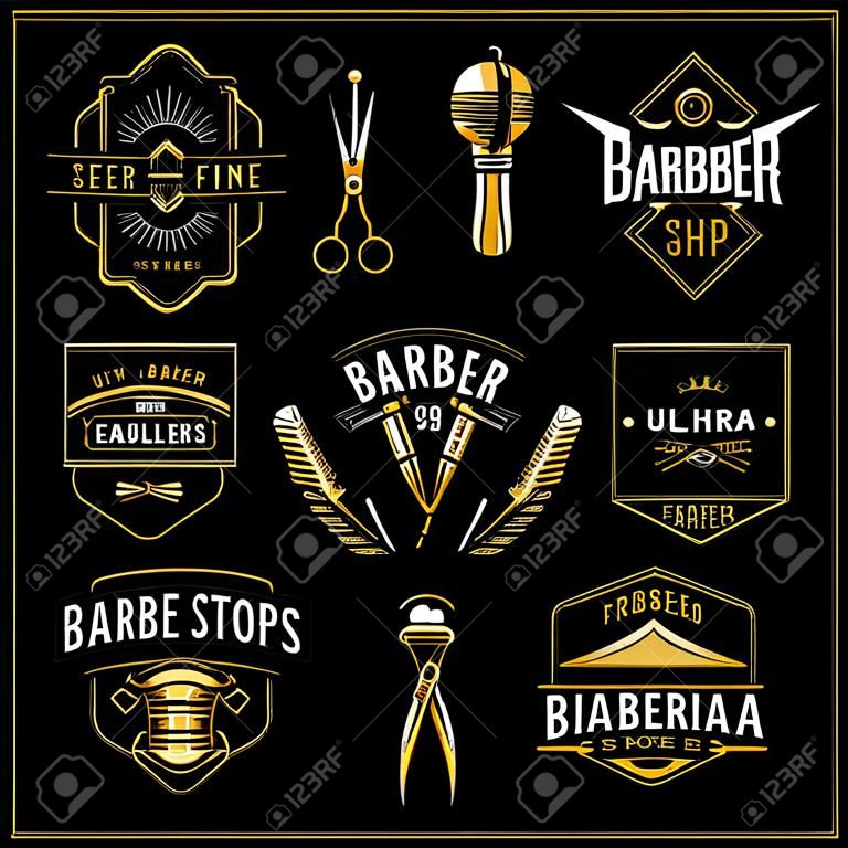 Barber Shop Retro Emblems in art deco style. Set of stylish barber logo templates. Gold color vector art isolated on black.