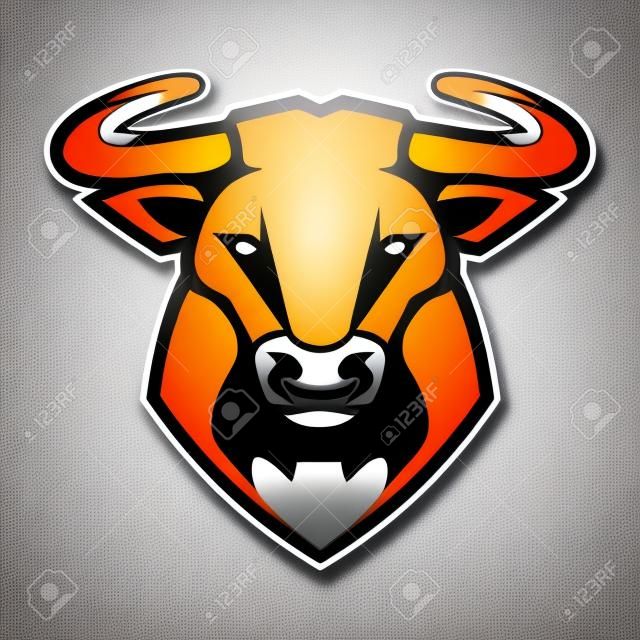 Arte del toro con anello al naso che sembra pericoloso. Icona della mascotte di vettore del toro.