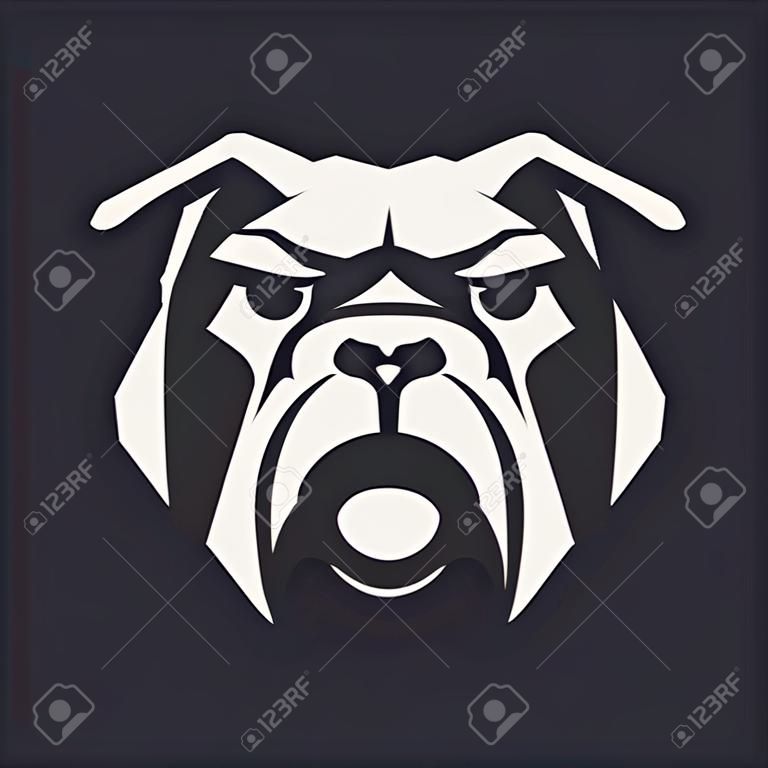 Bulldogge Maskottchen Vektorgrafiken. Frontales symmetrisches Bild der Bulldogge, die gefährlich aussieht. Vektor-Monochrom-Symbol.
