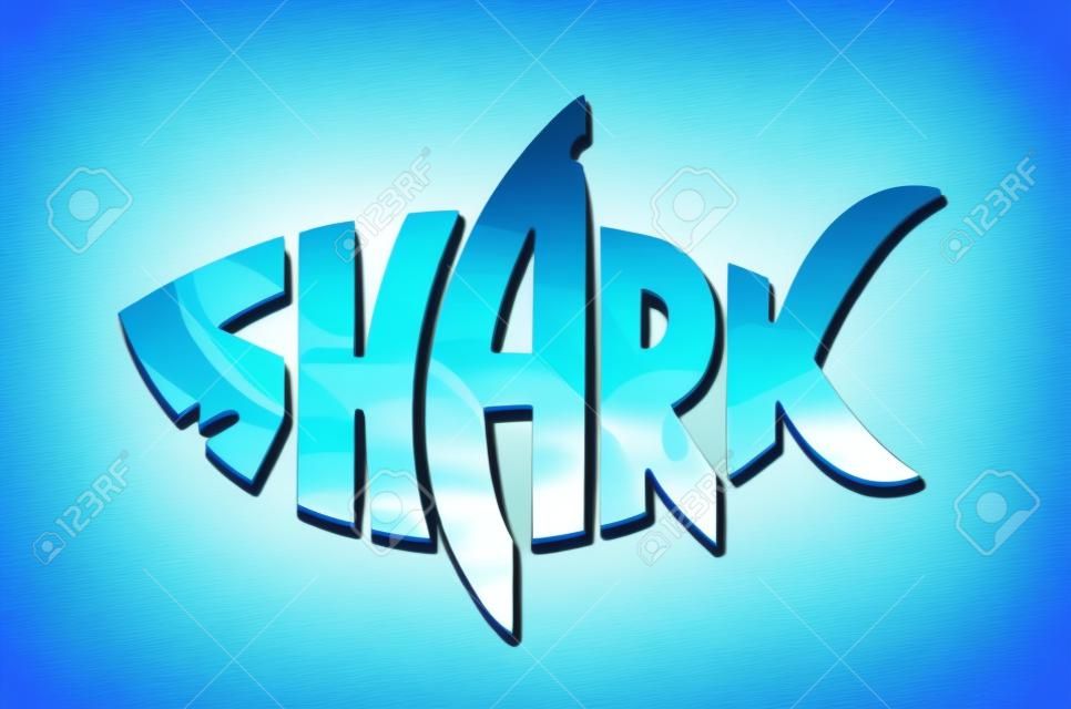 The word shark inscribed in shape of a shark filled of blue ocean water. Colorful shark logo. Vector shark lettering isolated on white.
