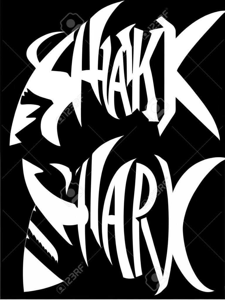 Shark lettering in shark silhouette. Lettering with shark shape. Black and white vector shark logo. Negative and positive versions.
