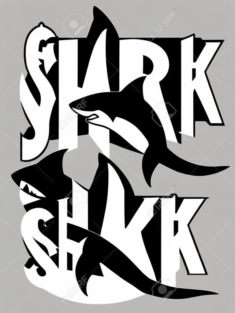Shark lettering in shark silhouette. Lettering with shark shape. Black and white vector shark logo. Negative and positive versions.