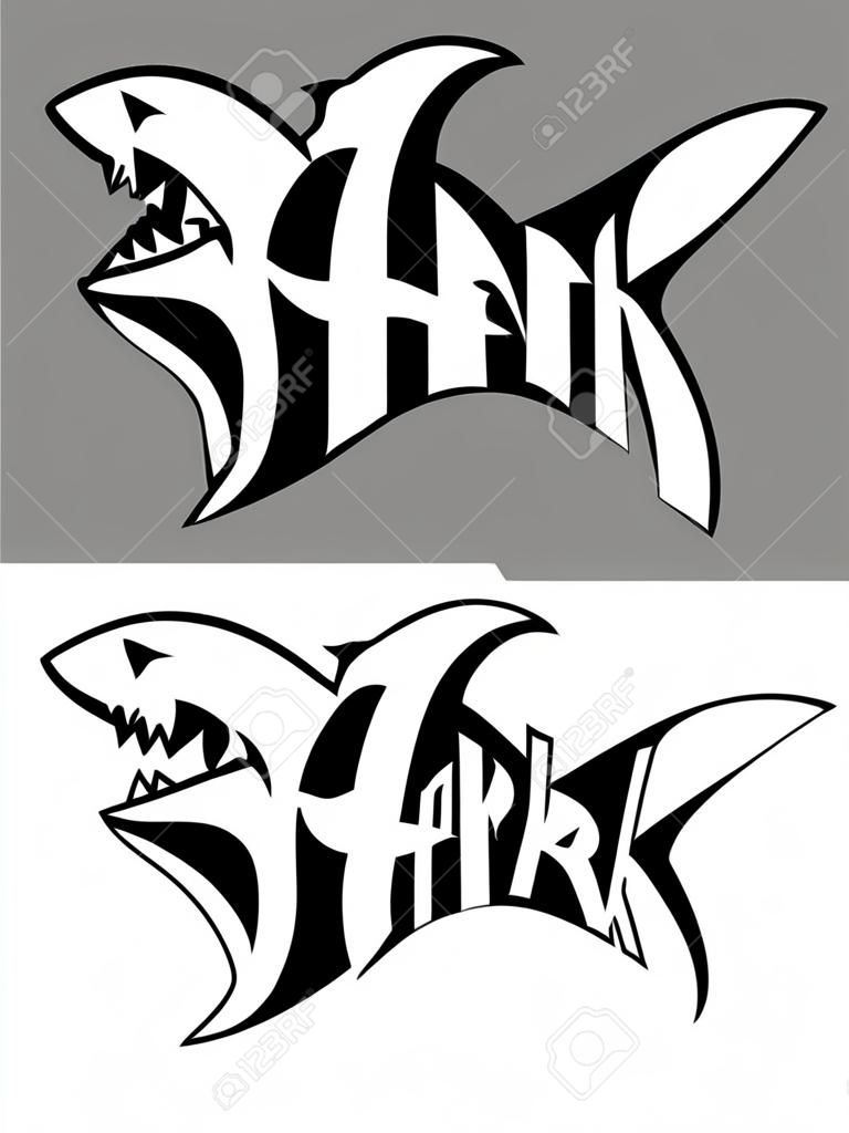 상어 실루엣의 상어 글자. 상어 모양으로 글자. 흑인과 백인 벡터 상어 로고입니다. 네거티브 및 포지티브 버전.