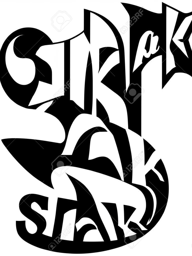 サメのシルエットのサメのレタリング。サメの形をしたレタリング。黒と白のベクトルサメのロゴ。負と正のバージョン。
