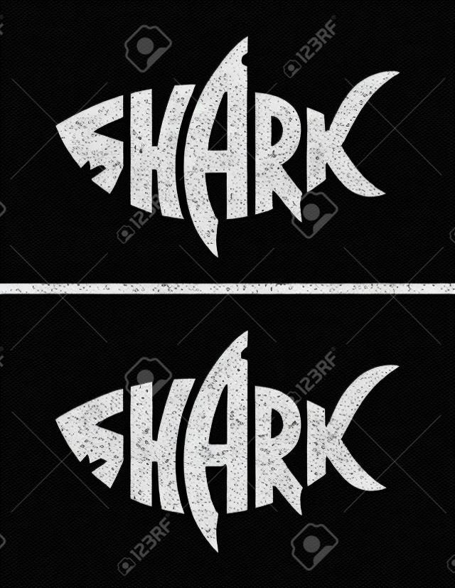 サメのシルエットのサメのレタリング。サメの形をしたレタリング。黒と白のベクトルサメのロゴ。負と正のバージョン。