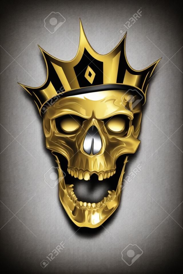 White skull in gold crown looking mad with open mouth on black background. Vector art.