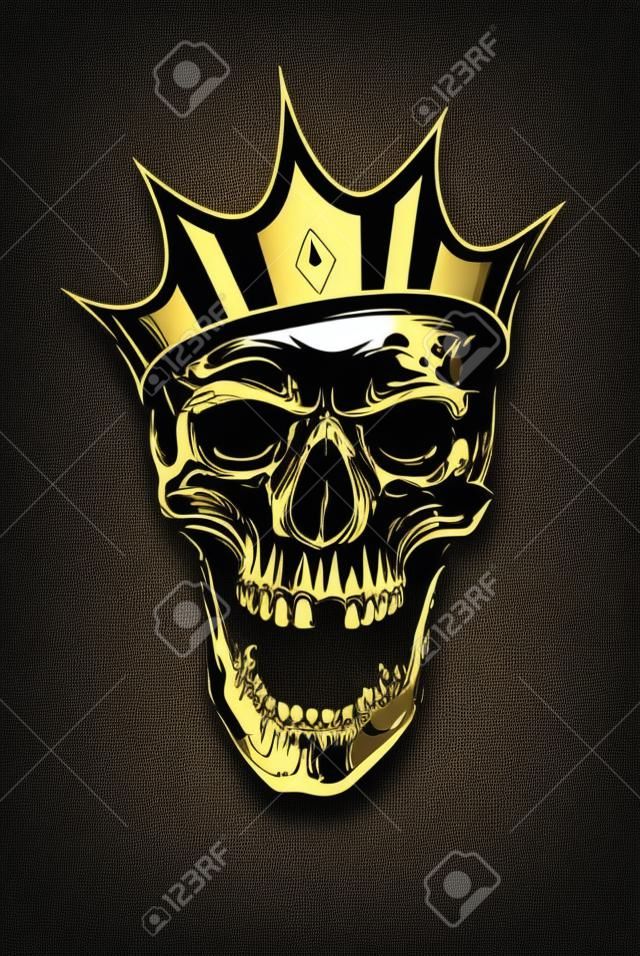 黒い背景に開いた口で狂ったように見える金の王冠の白い頭蓋骨。ベクターアート。