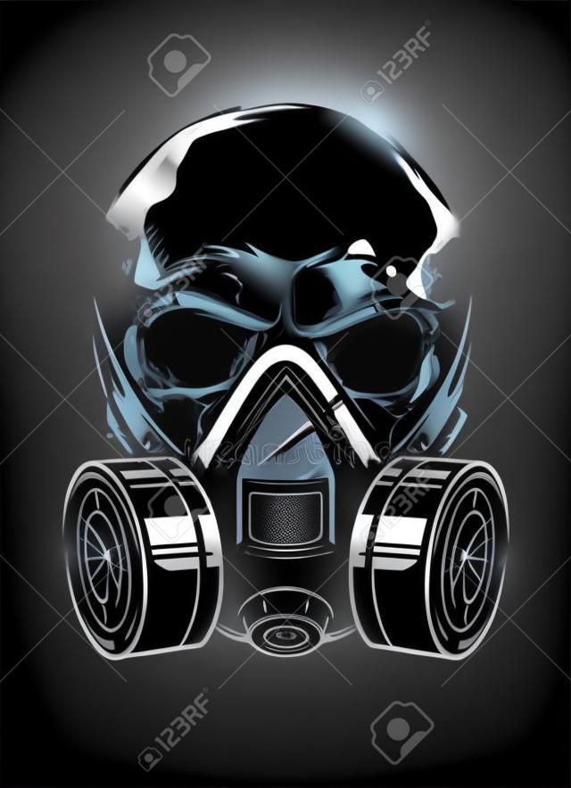 Cranio in respiratore su sfondo nero. Arte vettoriale.