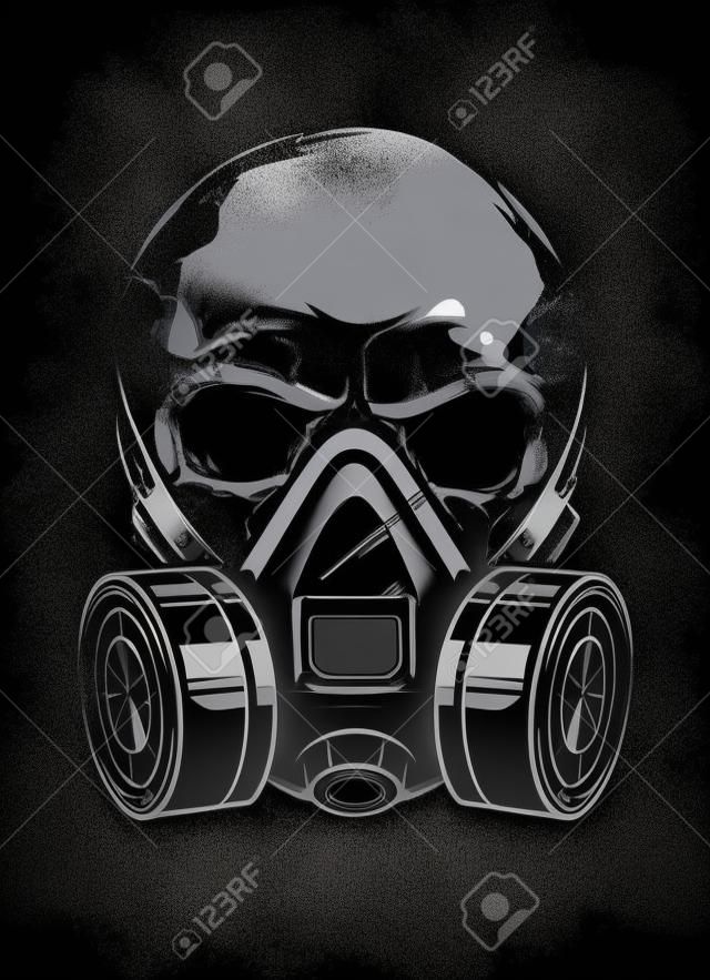Skull in respirator on black background. Vector art.
