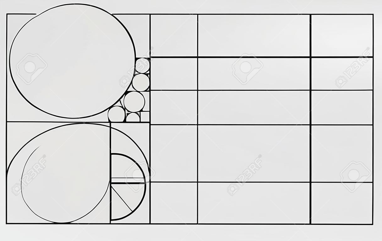 Modello di disegno vettoriale di rapporto aureo. Modello di regola di composizione del rapporto aureo di Fibonacci. Nero su grigio.