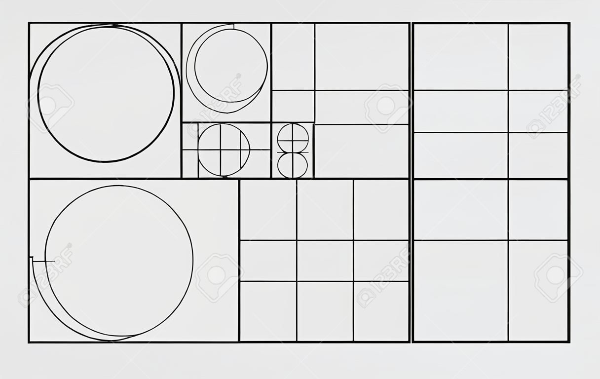 Modèle de conception de vecteur de nombre d'or. Modèle de règle de composition du nombre d'or de Fibonacci. Noir sur gris.