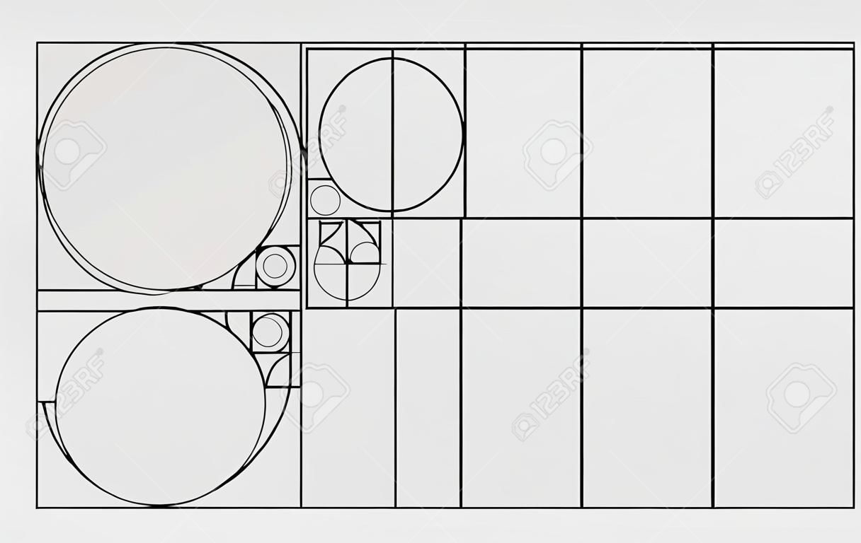 Plantilla de diseño de vectores de proporción áurea. Plantilla de regla de composición de proporción áurea de Fibonacci. Negro sobre gris.