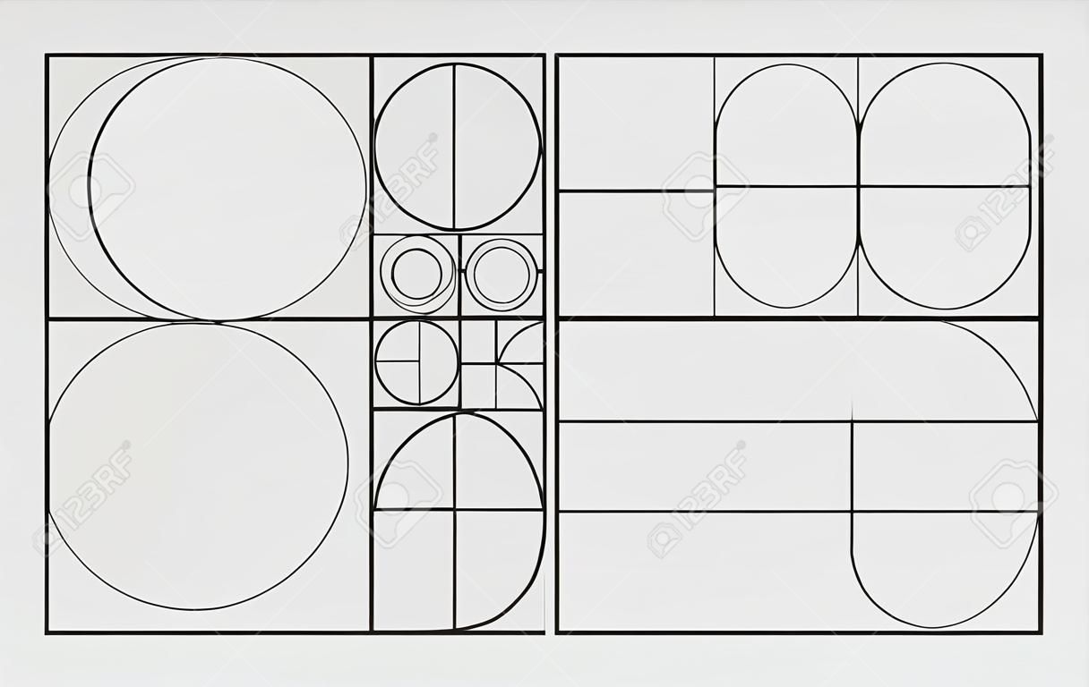 Goldener Schnitt Vektor-Design-Vorlage. Fibonacci Goldener Schnitt Kompositionsregelvorlage. Schwarz auf grau.