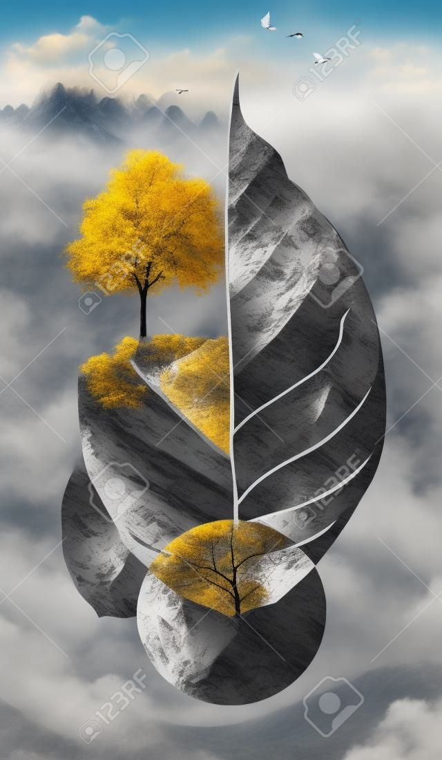 3D中国の風景。灰色の背景黄金の木と鳥、山の木の葉と白い雲。
