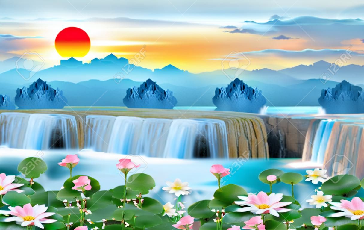 Peinture murale 3d paysage coloré. branches de fleurs multicolores avec des arbres et de l'eau. Vue cascade et coucher de soleil. adapté à l'impression sur toile