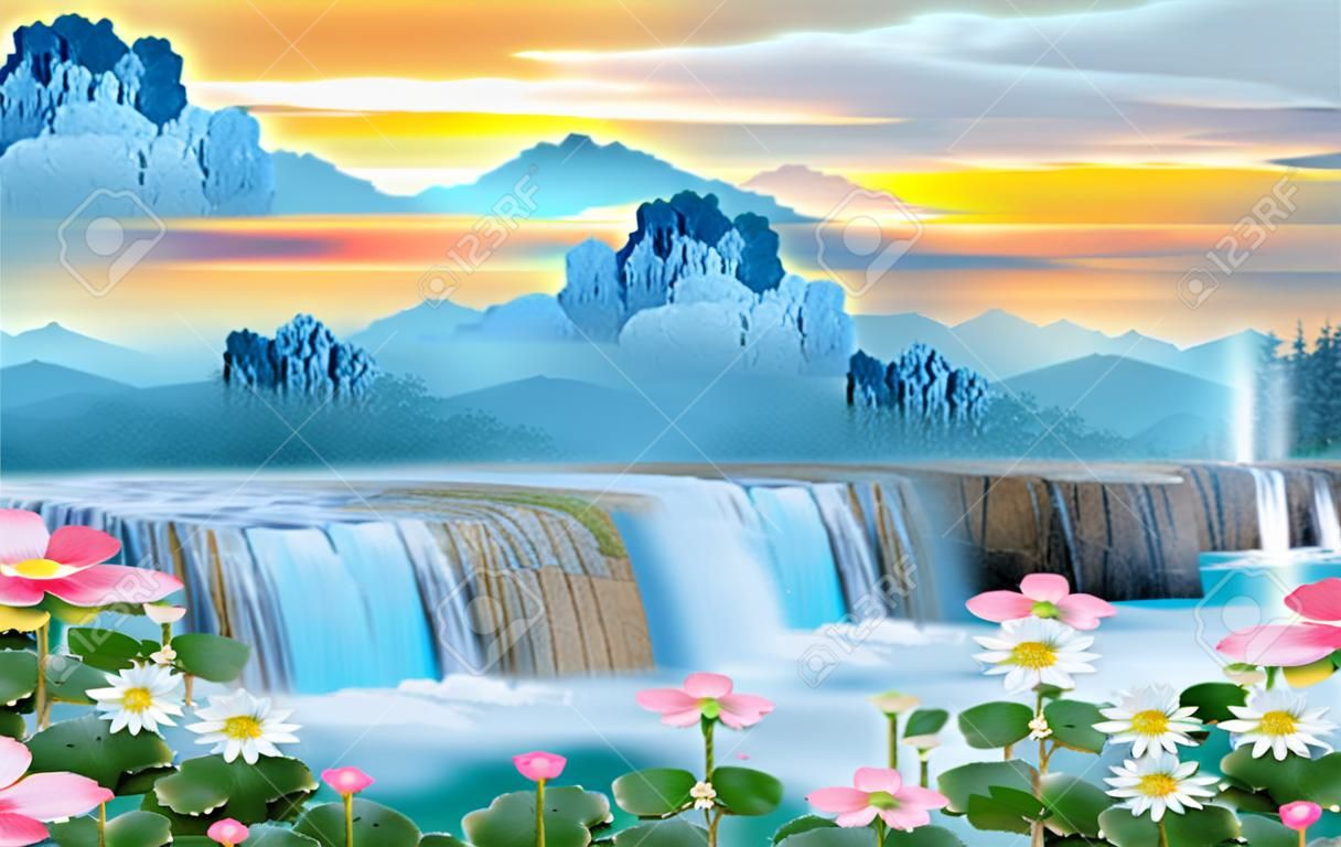 3D Wandbild bunte Landschaft. Blumen verzweigen sich in mehreren Farben mit Bäumen und Wasser. Blick auf Wasserfall und Sonnenuntergang. geeignet für den Druck auf Leinwand