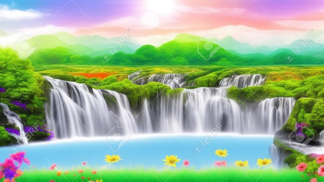 3D Wandbild bunte Landschaft. Blumen verzweigen sich in mehreren Farben mit Bäumen und Wasser. Wasserfall und fliegende Vögel. geeignet für den Druck auf Leinwand