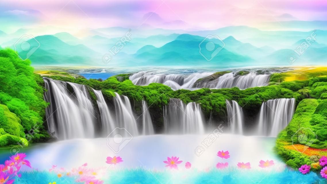 3D Wandbild bunte Landschaft. Blumen verzweigen sich in mehreren Farben mit Bäumen und Wasser. Wasserfall und fliegende Vögel. geeignet für den Druck auf Leinwand