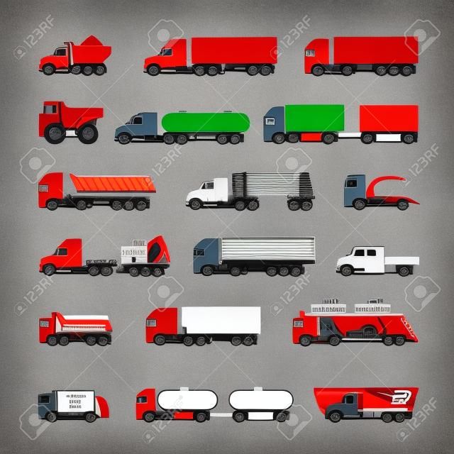 Stel pictogrammen in van vrachtwagens, aanhangwagens en voertuigen geïsoleerd op grijs