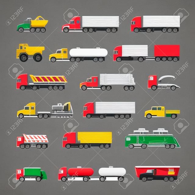 Establecer iconos de camiones, remolques y vehículos aislados en gris