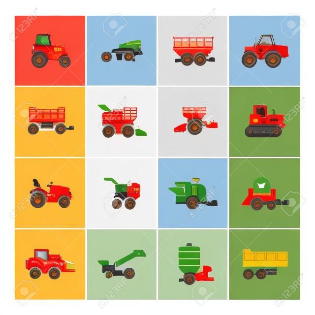Conjunto de ícones de máquinas agrícolas isoladas no branco