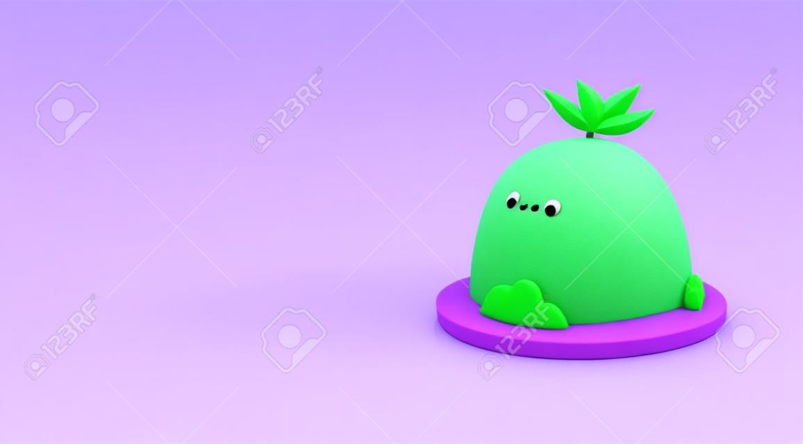 funny 3d cartoon kawaii island with a little green tree, smiling, made of plasticine, purple background, soft pop style