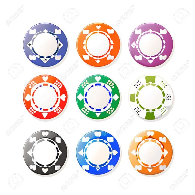 Vector illustration nine poker chips set. Top View