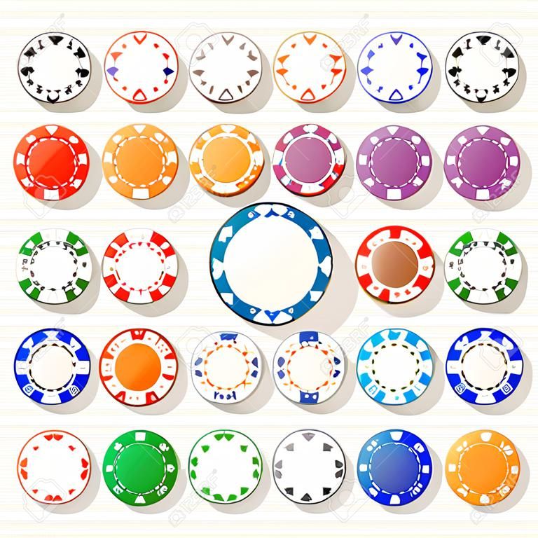 zestaw ilustracji wektorowych dziewięciu żetonów pokerowych. Widok z góry