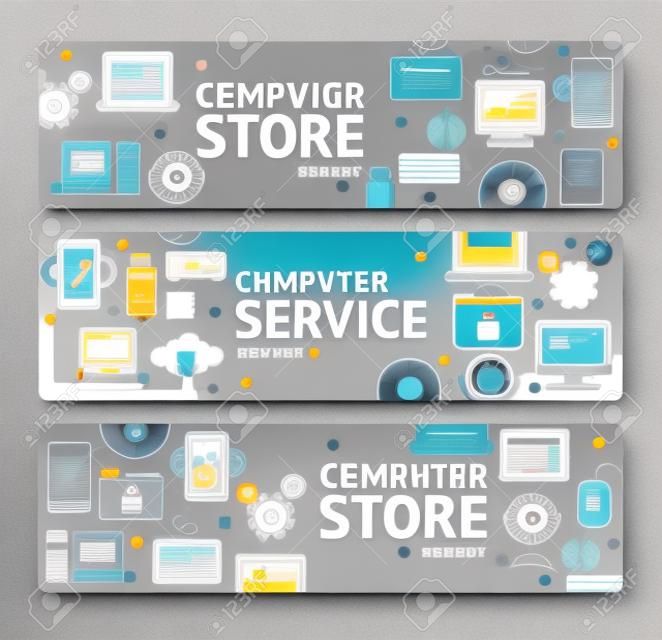 PC Service and Shop Banner Horizontal Set on Grey Background. illustration