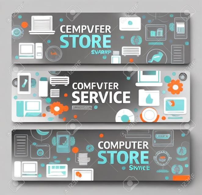 PC Service and Shop Banner Horizontal Set on Grey Background. illustration