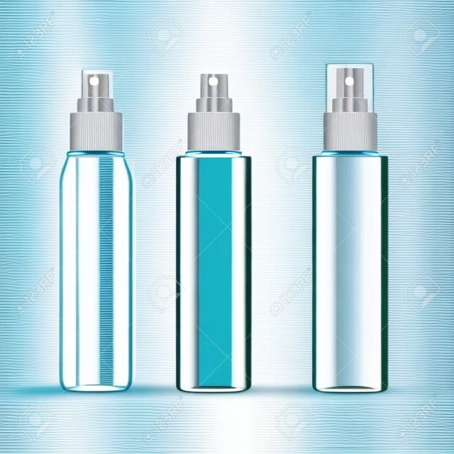 Botella de plástico transparente en spray envase cosmético. ilustración vectorial