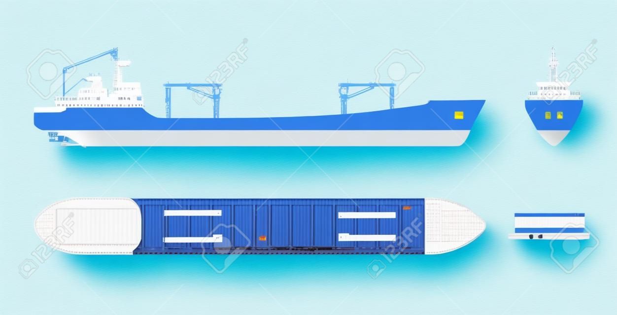 Frachtschiff auf einem weißen Hintergrund. Draufsicht, Seitenansicht und Vorderansicht. Containertransport im flachen Stil.