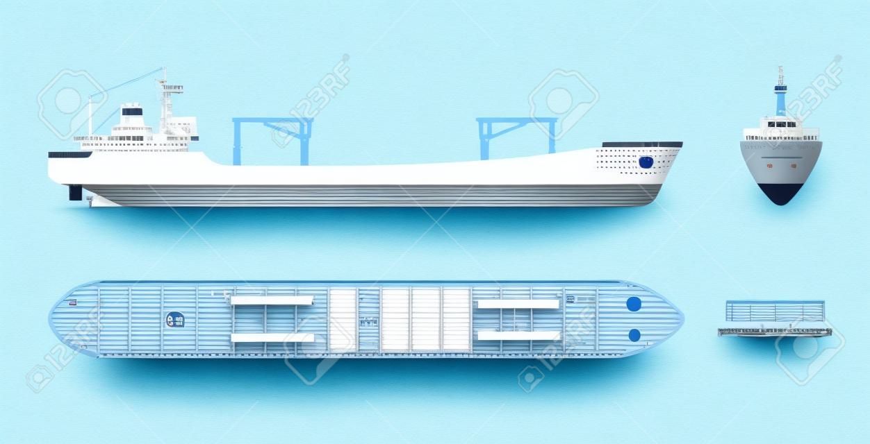 Ładunek statku na białym tle. Widok z góry, z boku iz przodu. Transport kontenerowy w płaskim stylu.