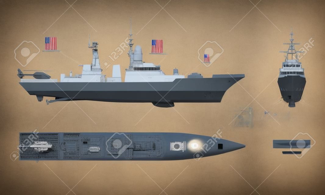 Image of military ship. Top, front and side view