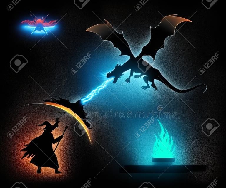 Sagoma nera della battaglia del mago con drago su sfondo bianco. Il mostro respira il fuoco del mago. Immagine isolata della lotta magica di fantasia. Illustrazione vettoriale