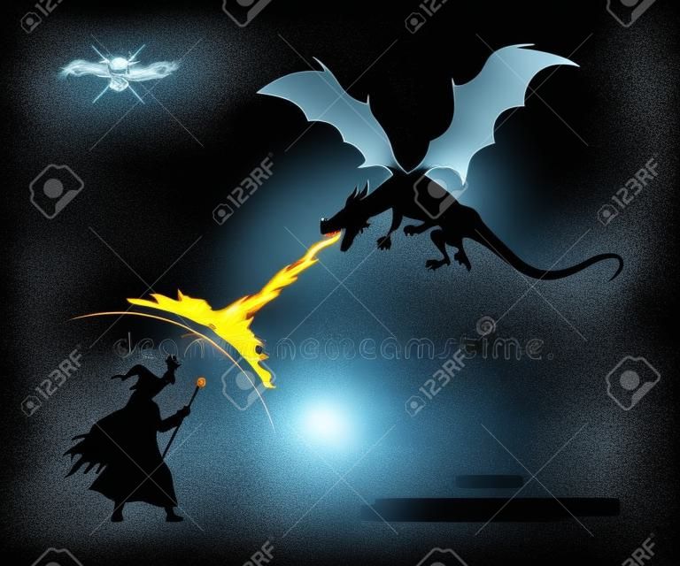 Sagoma nera della battaglia del mago con drago su sfondo bianco. Il mostro respira il fuoco del mago. Immagine isolata della lotta magica di fantasia. Illustrazione vettoriale