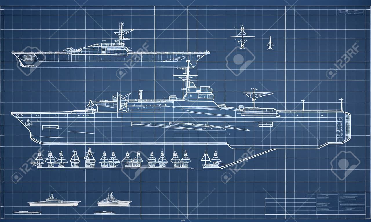 Чертеж Авианосца. Военный Корабль. Вид Сверху, Спереди И Сбоку. Модель  Линкора. Промышленный Рисунок. Военный Корабль В Стиле Набросков Клипарты,  SVG, векторы, и Набор Иллюстраций Без Оплаты Отчислений. Image 100848406