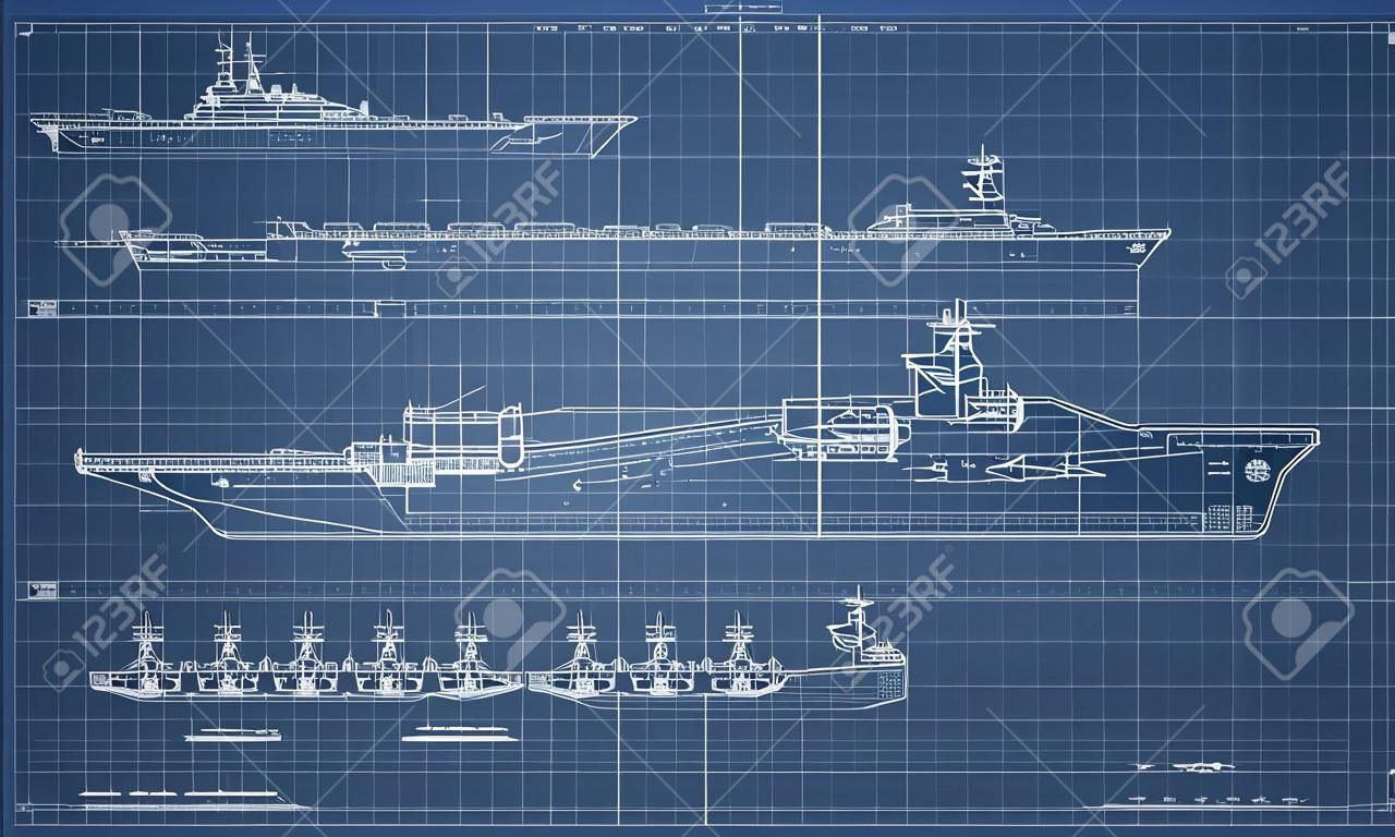 Чертеж Авианосца. Военный Корабль. Вид Сверху, Спереди И Сбоку. Модель  Линкора. Промышленный Рисунок. Военный Корабль В Стиле Набросков Клипарты,  SVG, векторы, и Набор Иллюстраций Без Оплаты Отчислений. Image 100848406