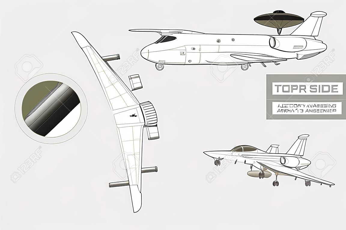 3d image of military aircraft. Top, front and side jet view. Army airplane with airborne warning and control system.  Industrial isolated drawing