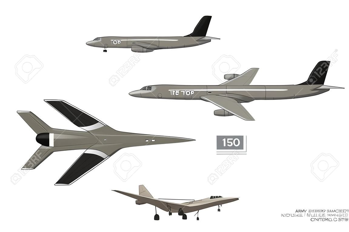 3d image of military aircraft. Top, front and side jet view. Army airplane with airborne warning and control system.  Industrial isolated drawing