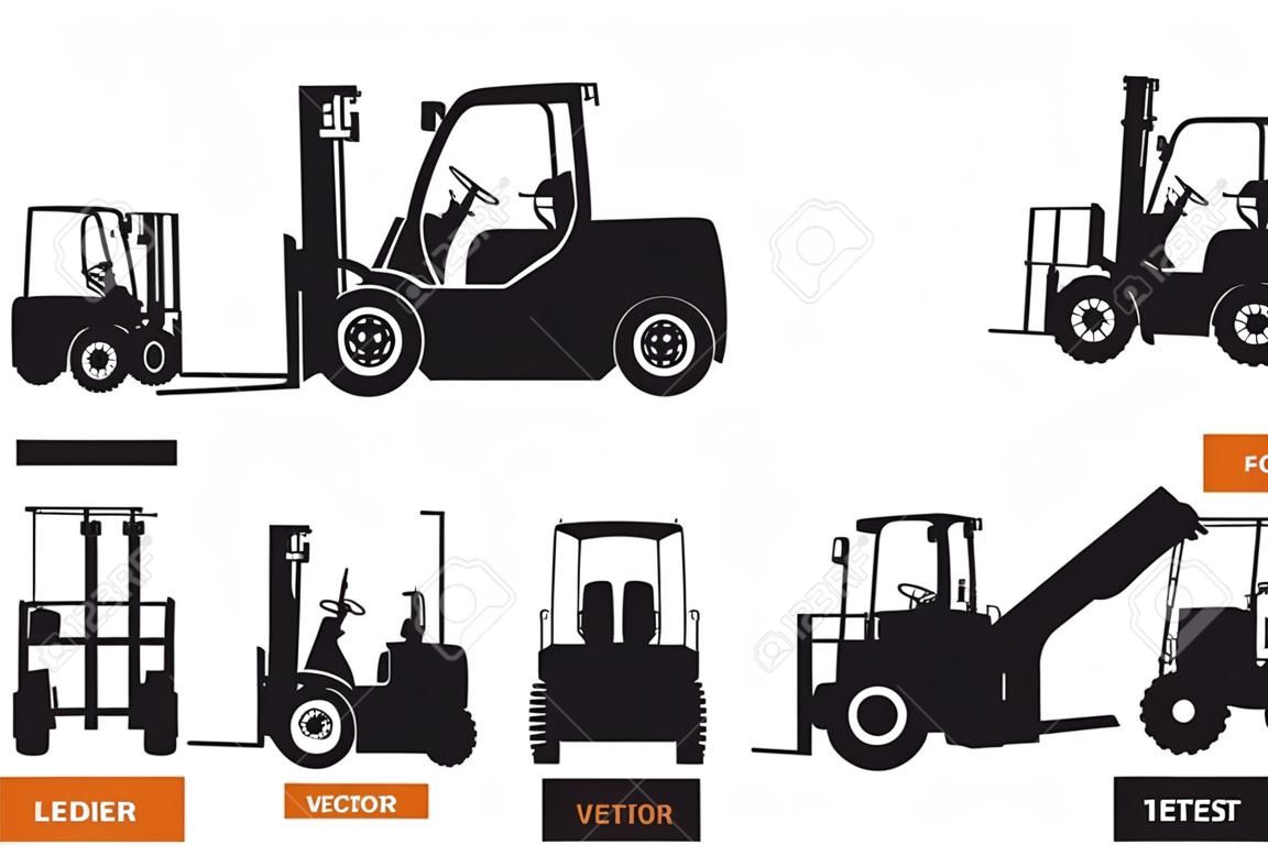 Black silhouette of forklift. Top, side and front view. Hydraulic machinery blueprint. Industrial isolated loader. Diesel vehicle drawing. Vector illustration