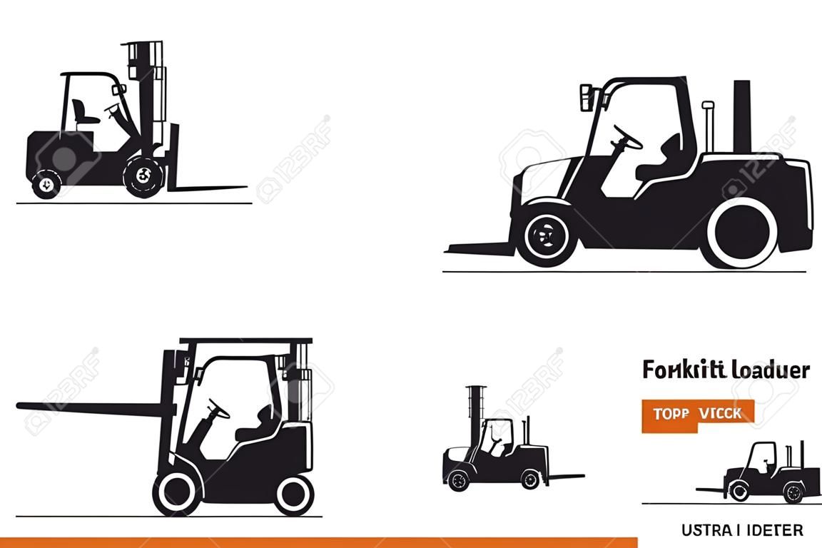 Black silhouette of forklift. Top, side and front view. Hydraulic machinery blueprint. Industrial isolated loader. Diesel vehicle drawing. Vector illustration