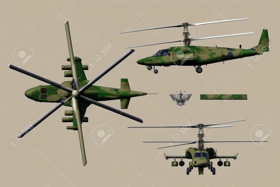 Blueprint of camouflage military helicopter. Side, top and front views of armed air vehicle. Industrial 3d drawing with external weapon. Isolated war copter