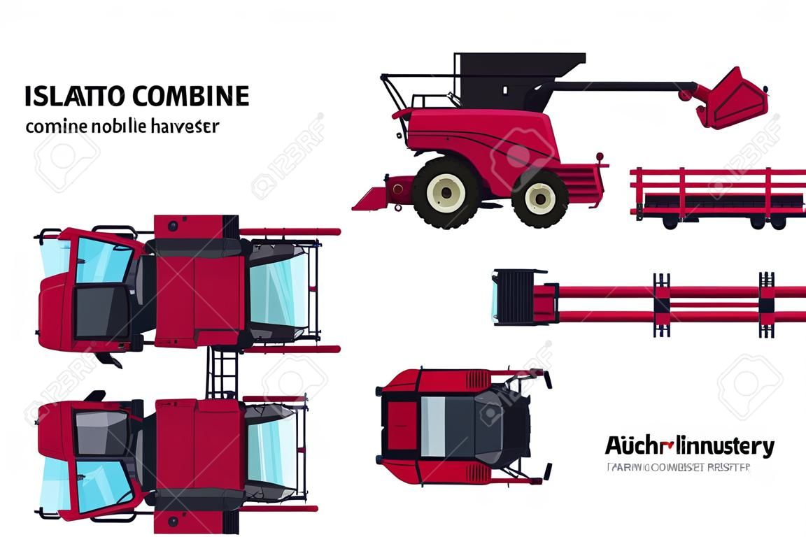 Geïsoleerde maaimachine. Zij-, voor- en bovenzicht van landbouwmachines. Landbouwvoertuig in cartoon stijl. Industrie 3d blauwdruk. Vector illustratie