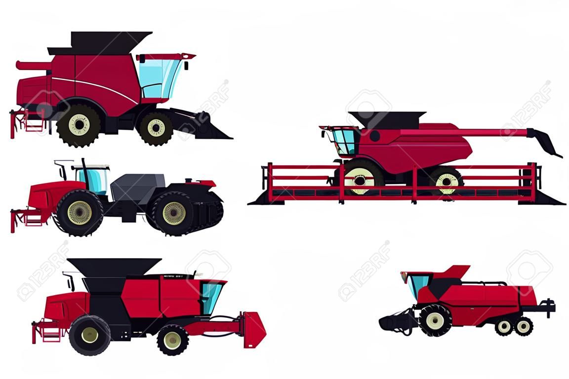 Geïsoleerde maaimachine. Zij-, voor- en bovenzicht van landbouwmachines. Landbouwvoertuig in cartoon stijl. Industrie 3d blauwdruk. Vector illustratie