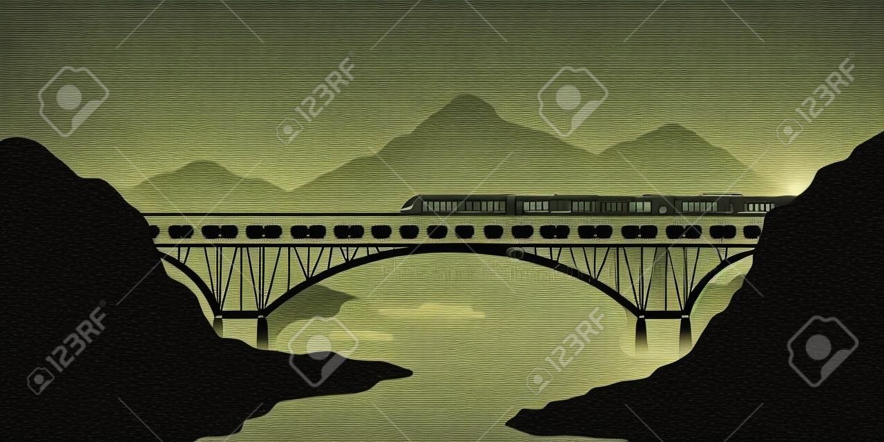 Scena sylwetka. krajobraz z mostem kolejowym. podróżować pociągiem. górska sceneria kolejowa. nowoczesna lokomotywa ekspresowa w dolinie. ilustracja wektorowa
