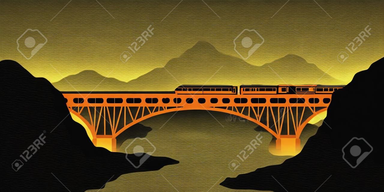 Scena sylwetka. krajobraz z mostem kolejowym. podróżować pociągiem. górska sceneria kolejowa. nowoczesna lokomotywa ekspresowa w dolinie. ilustracja wektorowa