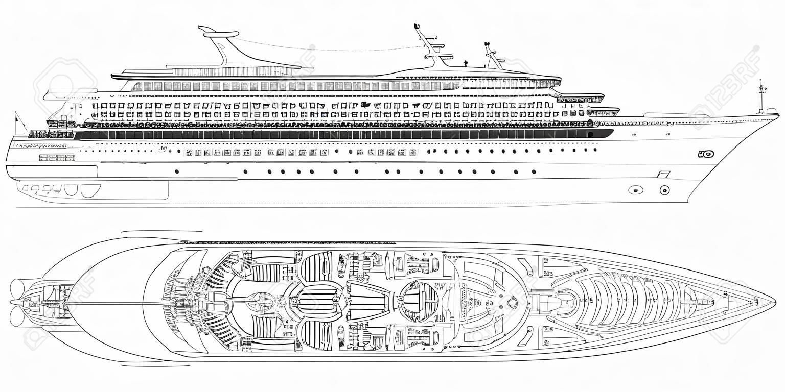 Outline blueprint of cruise ship. Side, top and front views. Contour isolated liner. Detailed drawing of modern marine vessel. Sea travel transpotation. Vector illustration